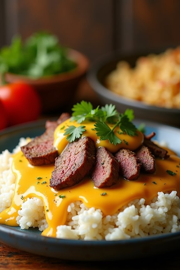 flavorful steak queso rice