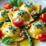 herb infused ravioli with asparagus