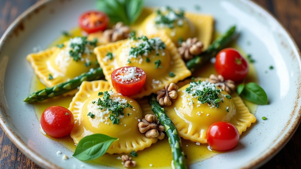 herb infused ravioli with asparagus
