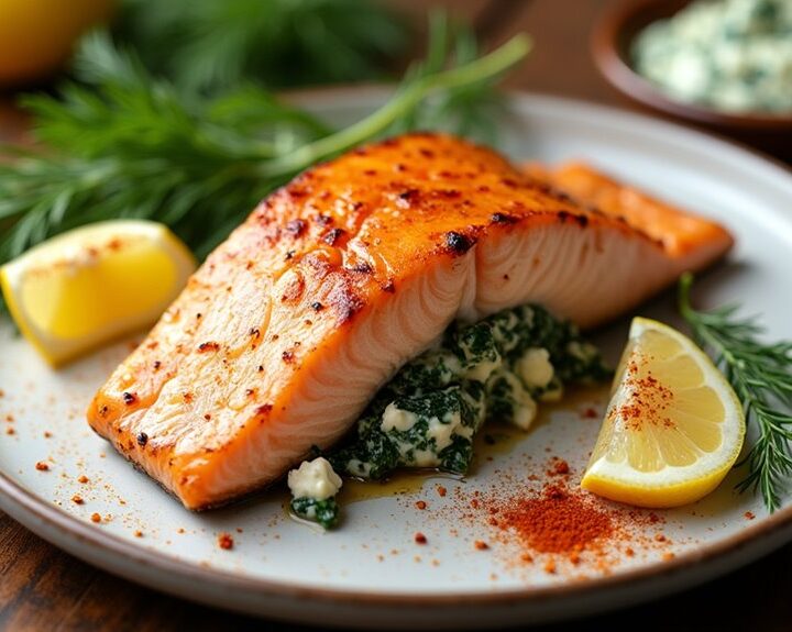 salmon spinach feta dish