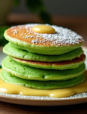 pandan pancakes with coconut custard